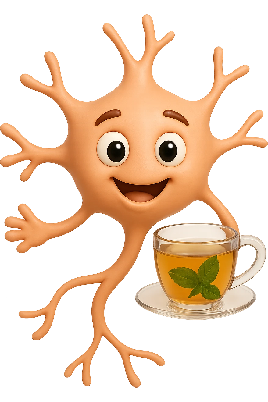emoji stile iphone 3d di un neurone che fluttua in aria insieme ad un tè alle erbe, iperrealistico 4k emoji