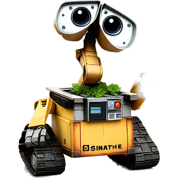 wall-e holding an old boot that has a plant emoji