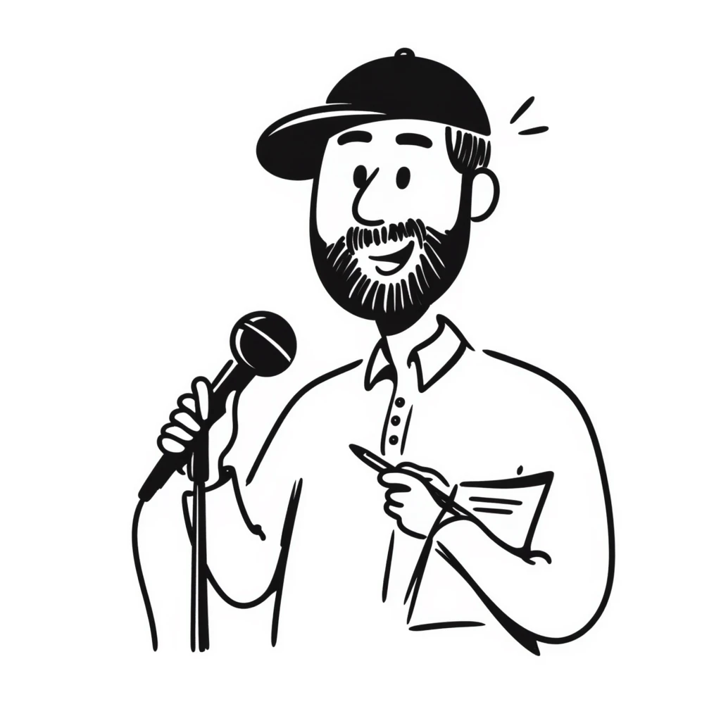 bearded songwriter in his 30s with backwards cap, enthusiastic smile, gripping microphone with one hand and pencil with other emoji