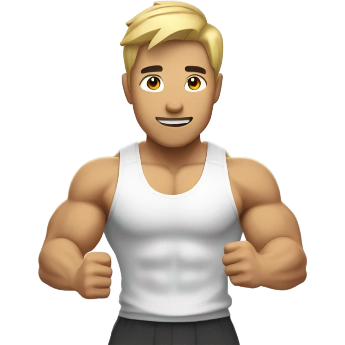 asian personal trainer short golden hair white vest man flexing bicep emoji