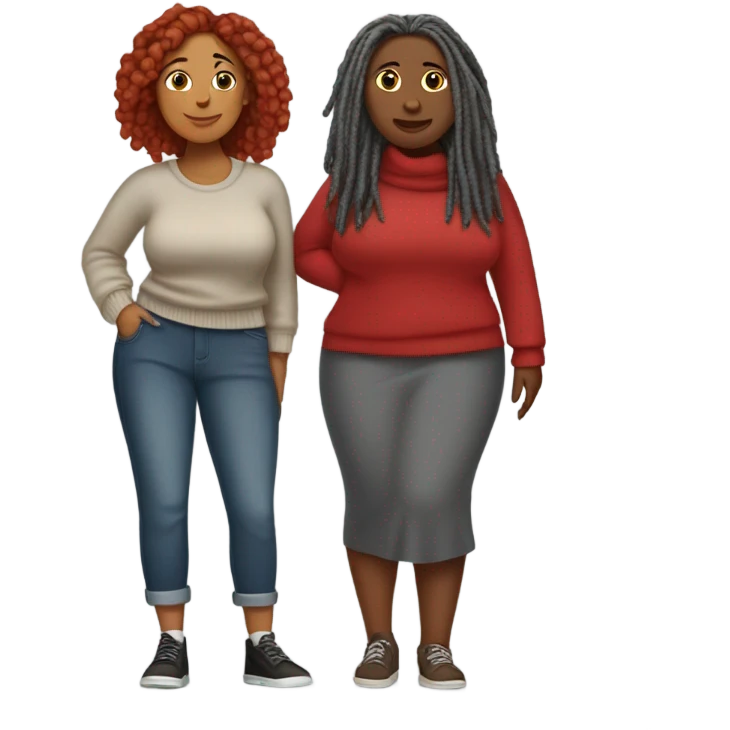 Curvy woman with gray locs wearing pants , other curvy woman is brown with red locs in a knee-length dress with a cozy sweater, shopping in yardsale emoji