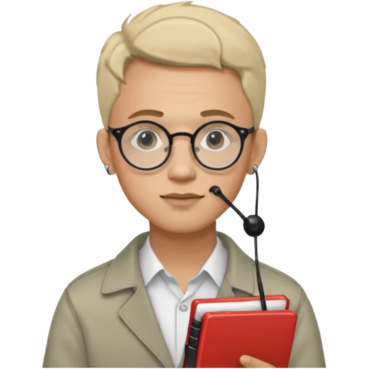 A man in his 20s wearing an apnotebook, wearing radio earrings, round glasses, achromatic clothes emoji