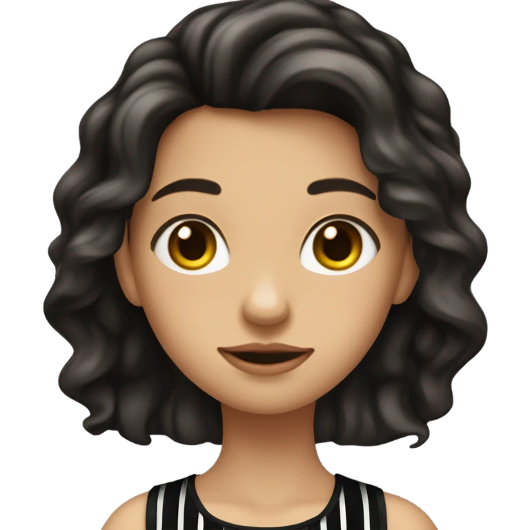 a girl with long dark brown wavy hair and black stripped dress, the face like freen sarocha emoji