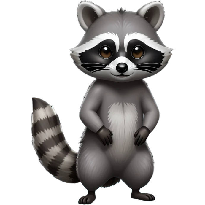 Cinematic-Raccoon-Realistic-Full-Body-Standing on all fours-Emoji – Tail flicking lazily, head tilted dramatically, thick grey fur with a signature black mask, sharp and alert ears, simplified yet realistic focused features, highly detailed, glowing with an almost sarcastic glow. emoji