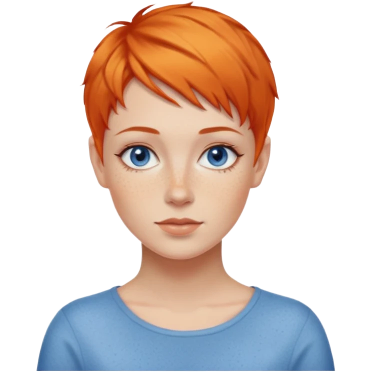 27 year old white woman, orange hair, pixie cut, blue eyes emoji