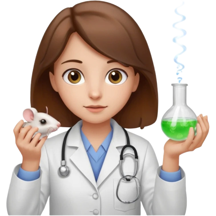 a cute brown haired girl with hazel eyes holding a white mice in hand doing experiment in lab emoji