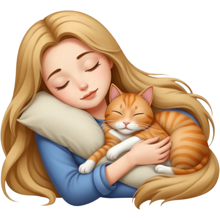 Generate a picture of a beautiful girl with long hair sleeping with a cat emoji