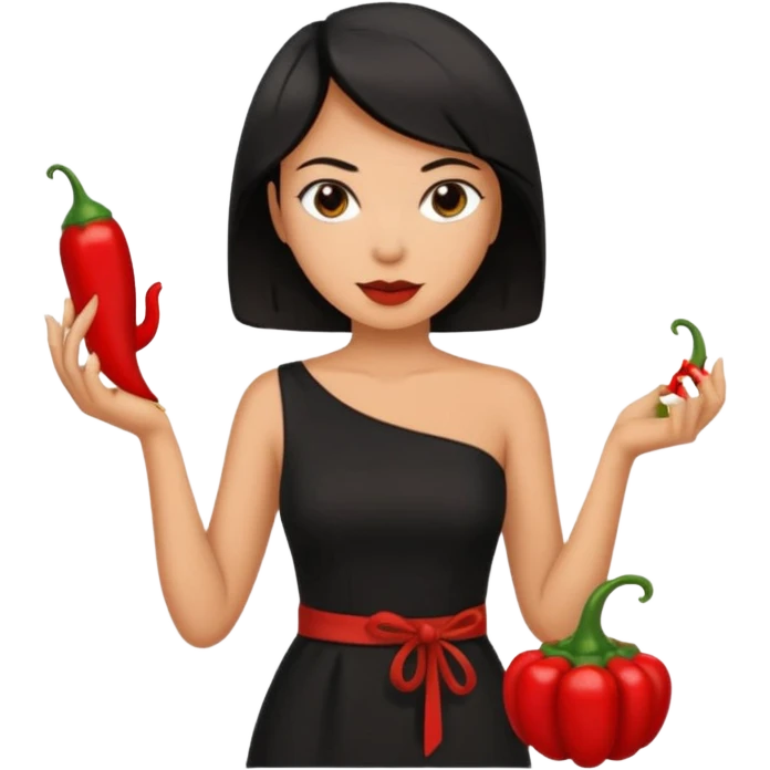 black short shoulder length hair tanned woman, black dress cooking, holding chili pepper emoji