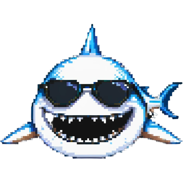 pixelated shark smiling with white teeth wearing dark sunglasses emoji