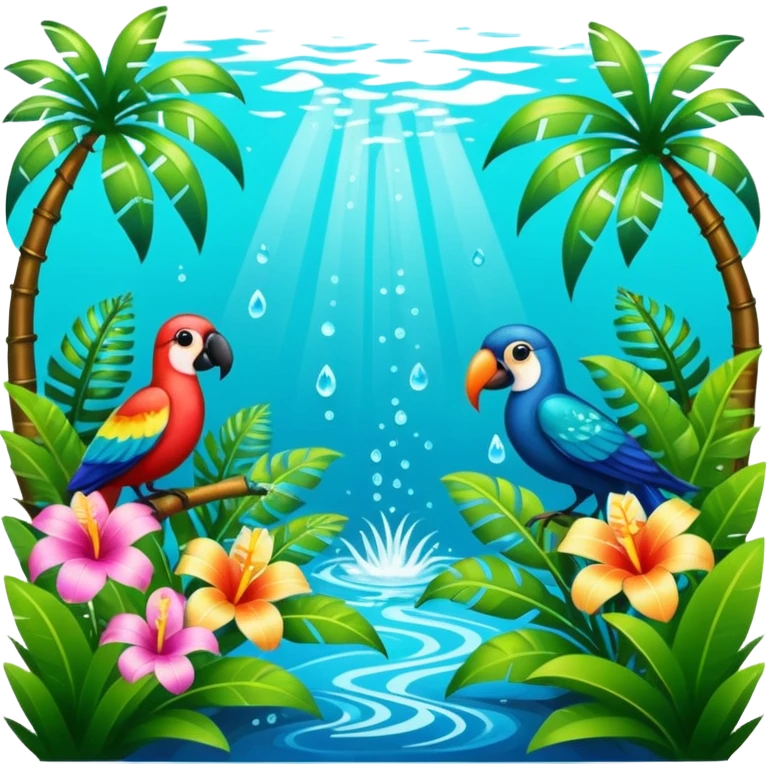 Lush exotic tropical sparkly colorful flowery jungle nature glittery water tropical birds scenery  emoji