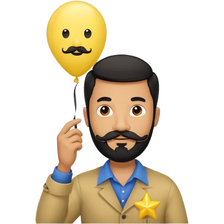 man with black bead and mustache holding star yellow balloon  emoji