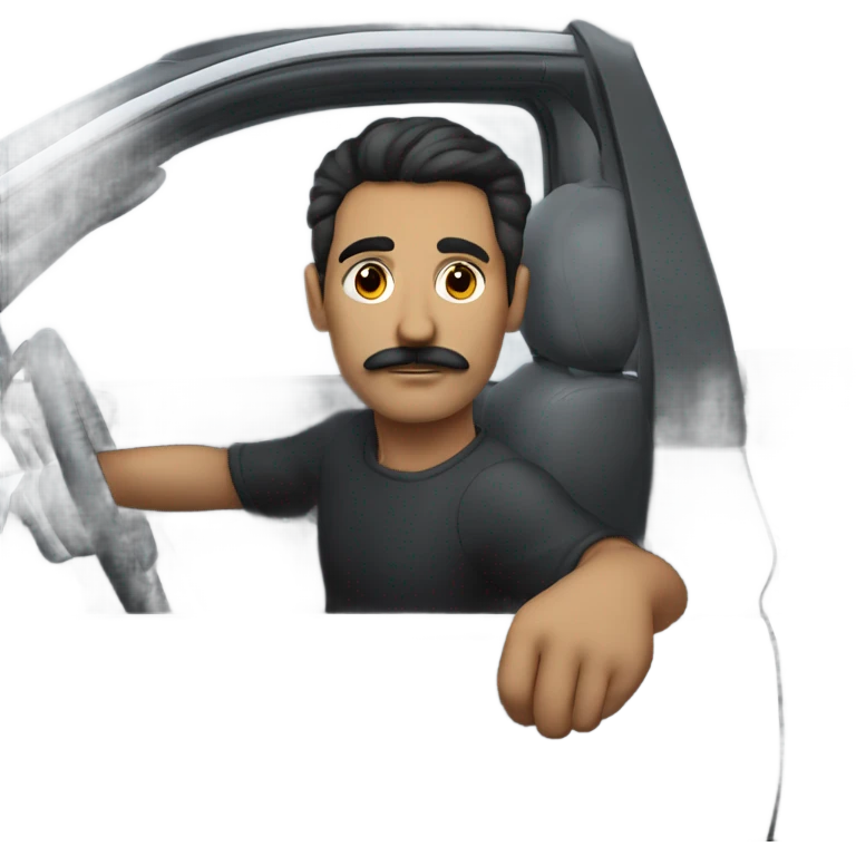 dark hair dark eye man with mustache sitting in car emoji