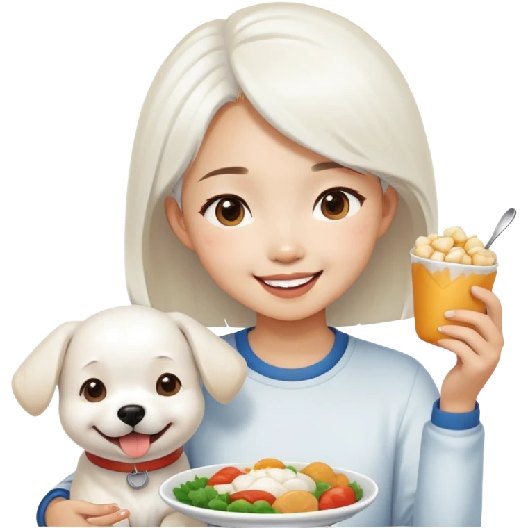 Asian girl sharing food with white dog emoji