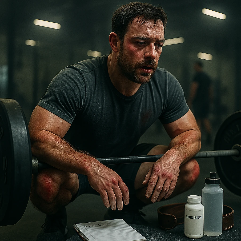 In the style and atmosphere of the reference image, show a muscular 30-year-old man during a squat with a barbell, tired face, hands with chalk, diary nearby, dark circles and redness on joints. On the floor: water bottle, magnesium, belt. Blurred gym background with cold lighting. Cinematic realism. emoji