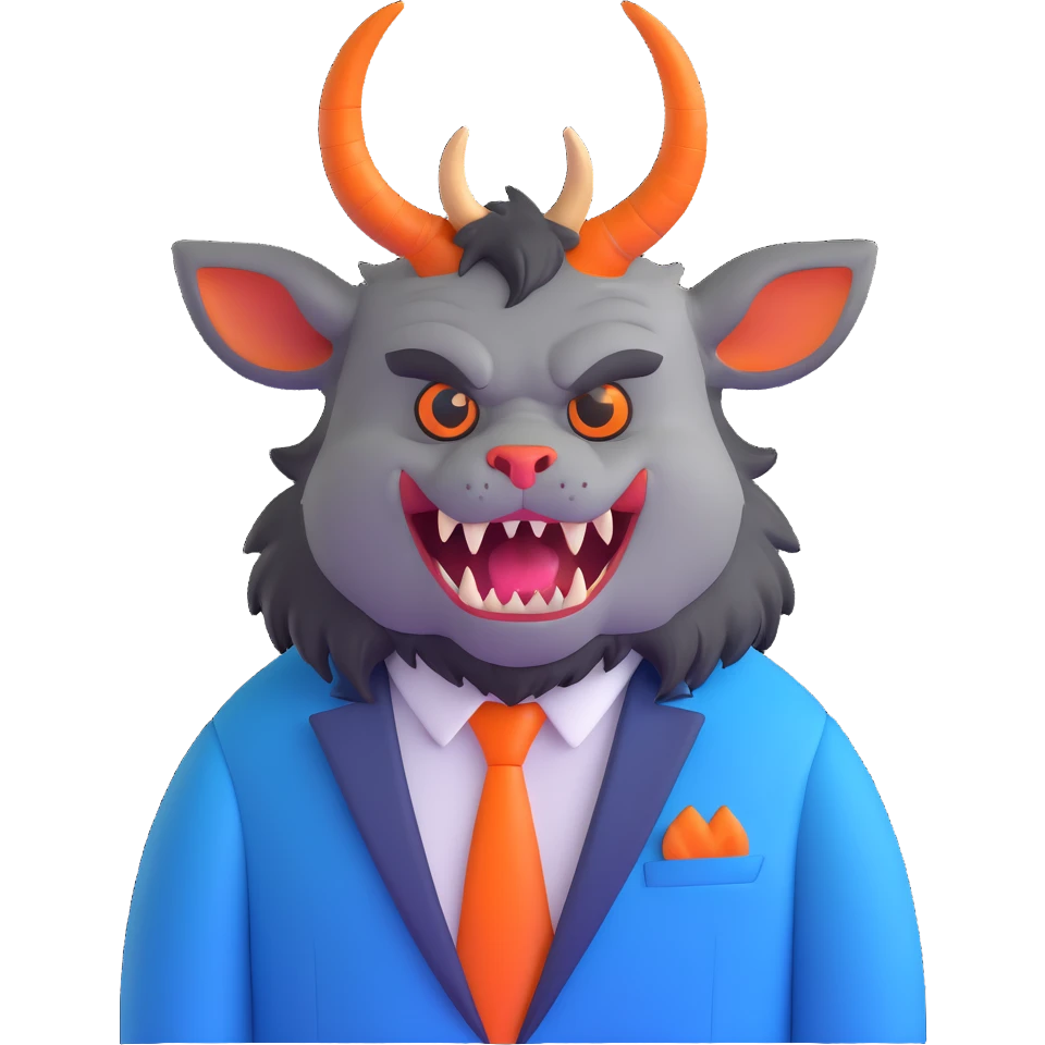 Beast from Beauty and the Beast, furry creature with horns and fangs wearing a blue formal jacket emoji