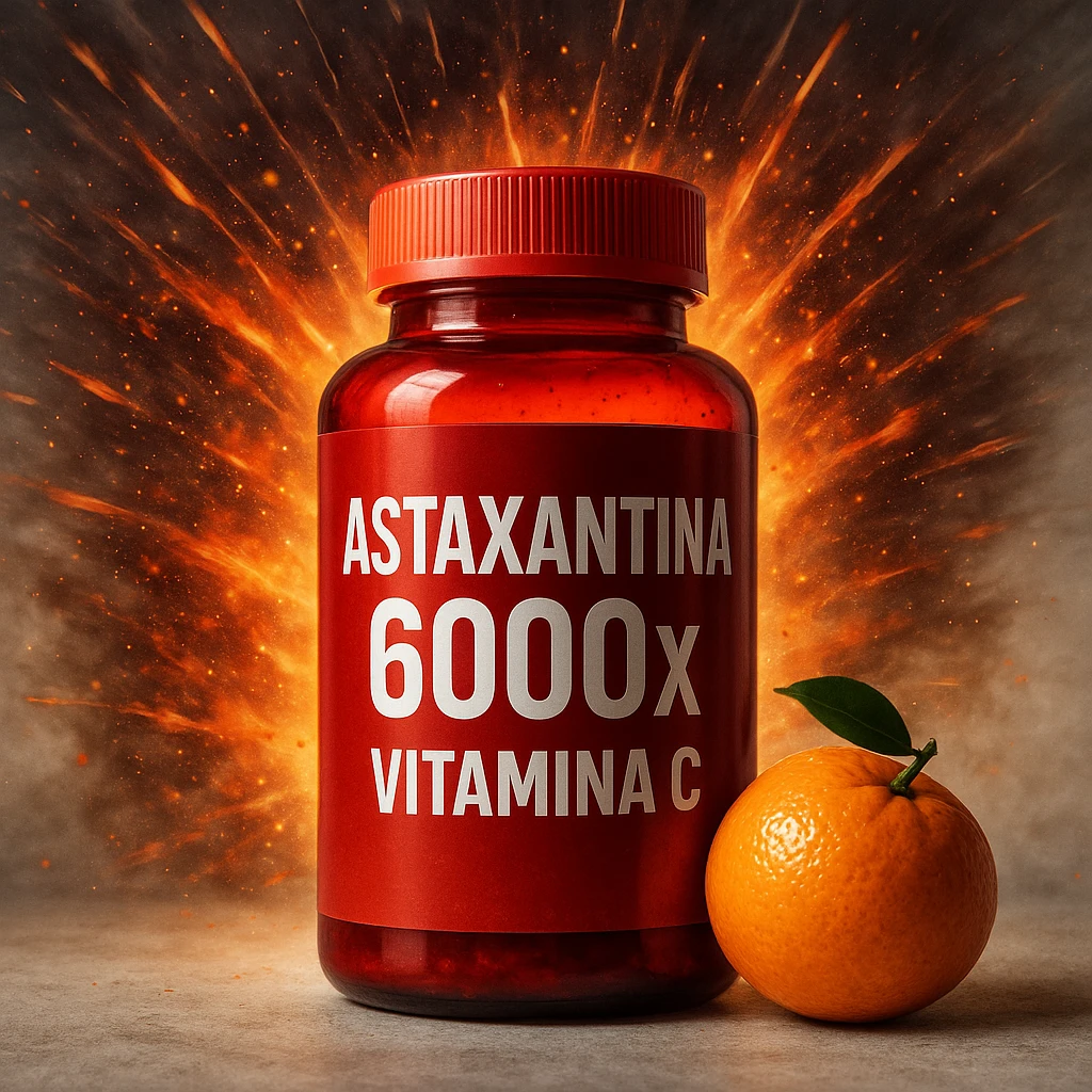 hyper realistic astaxanthin with explosive energy effect, red bottle, small orange next to it, text 'Astaxantina 6000x Vitamina C', dynamic atmosphere, light background emoji