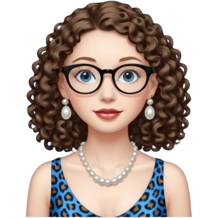 a blue eyed woman with very long brunette curly hair, full lips,and really pale skin. She is wearing a leopard printed thin round-ish glasses . She is wearing fully plain silky black dress. She is wearing pearl necklase and pearl earrings. saying hello emoji