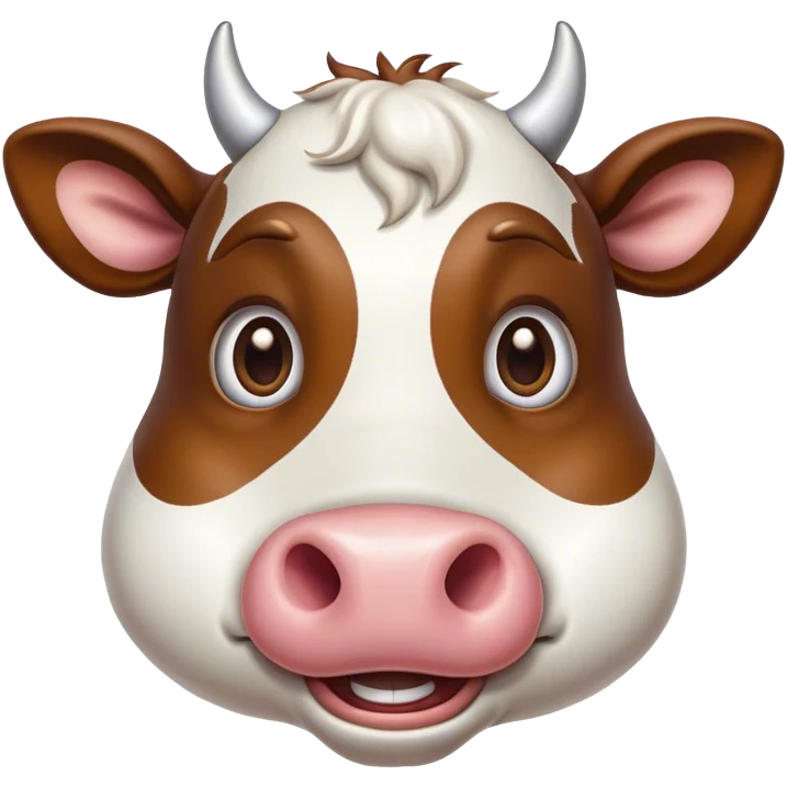 Cinematic Comical Brown and White Cow Portrait Emoji, Head tilted dramatically with an exaggeratedly amused expression, featuring a striking, glossy hide with a dynamic mix of brown and white, wide, expressive brown eyes filled with playful disbelief, Simplified yet hilariously expressive features, highly detailed, glowing with a slightly sassy glow, high shine, dramatic yet playful, stylized with an air of cheeky mischief, bright and endearing, soft glowing outline, capturing the essence of a spirited and over-the-top cow, so meme-worthy it feels like it could moo its way into internet fame instantly! emoji