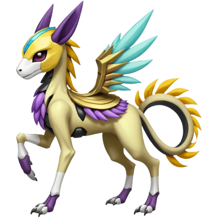 Colorful Skeletal masked armored Meloetta-Manectric-Solgaleo-Raikou-Pokémon-Digimon-Fakémon-fusion-hybrid-creature, full body emoji