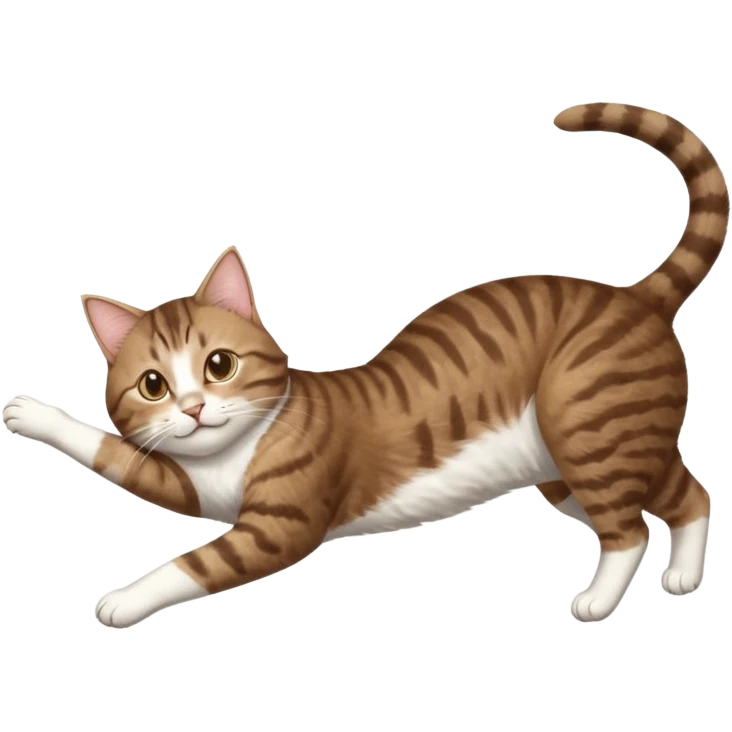brown tabby and white cat with doing a big extremely long stretch reaching up into the air with arms and legs side by side together straight and overextended whilst lying on its side emoji