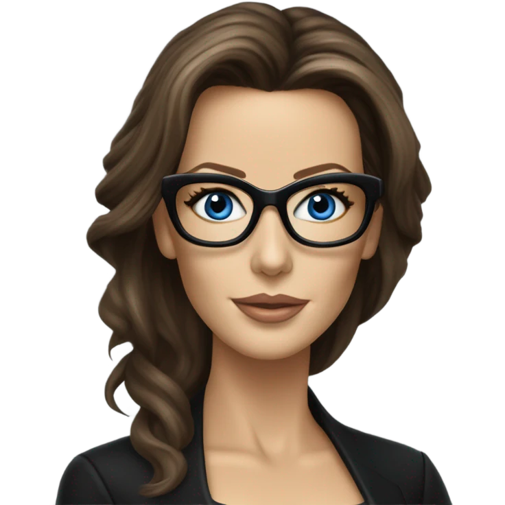 Hyper Realistic photo Kate Beckinsale blue eyes wearing glasses in a business meeting black dress emoji