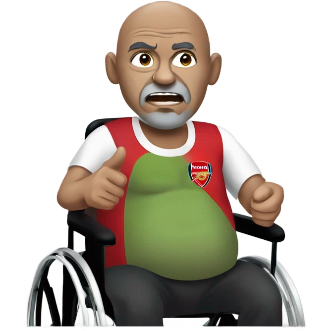 old black bald man with a protruding round pot belly in wheelchair. angry face. grey stubble. he is pointing finger in front. arsenal soccer shirt. mouth word bubble emoji