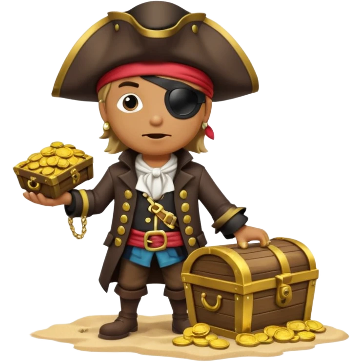 A 3D cartoon pirate character with one eye covered by a black eye patch, holding a treasure chest filled with gold coins and jewels, standing on sandy ground, wearing a pirate hat and coat, warm sunset lighting, realistic Memoji-style rendering. emoji