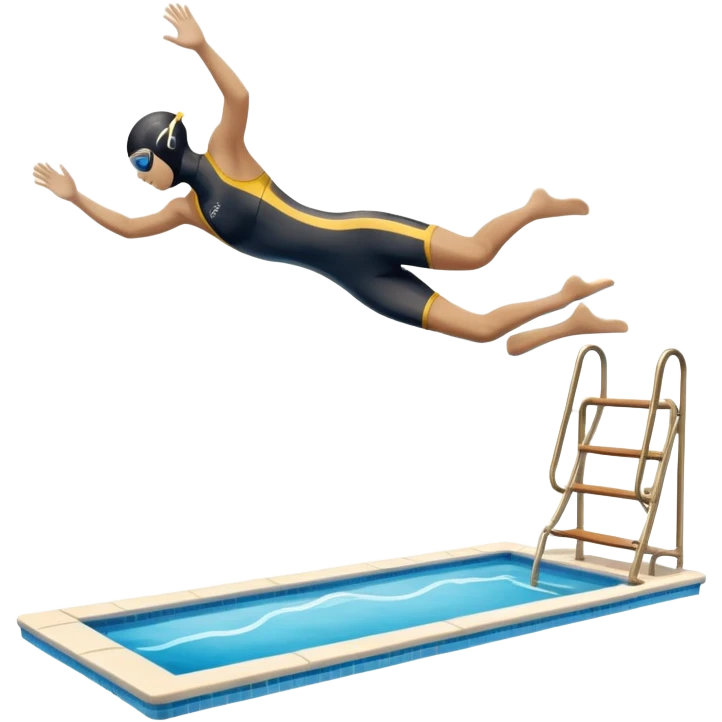 An icon showing a diver captured mid-air in a graceful pose above a pool, with a diving board behind and water below. Splash trails and motion lines emphasize precision and elegance. Transparent background highlights the beauty and focus of competitive diving. emoji