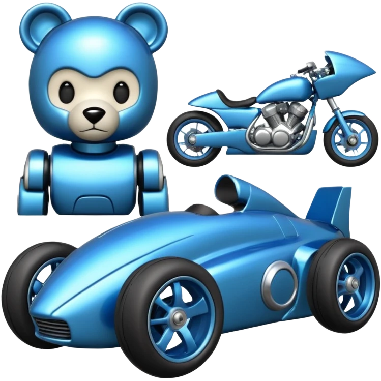  Metallic blue and lightly chrome-accented  kid-sized race car for scary robot teddy bear with custom aero body and rear wing and motorcycle wheels  emoji
