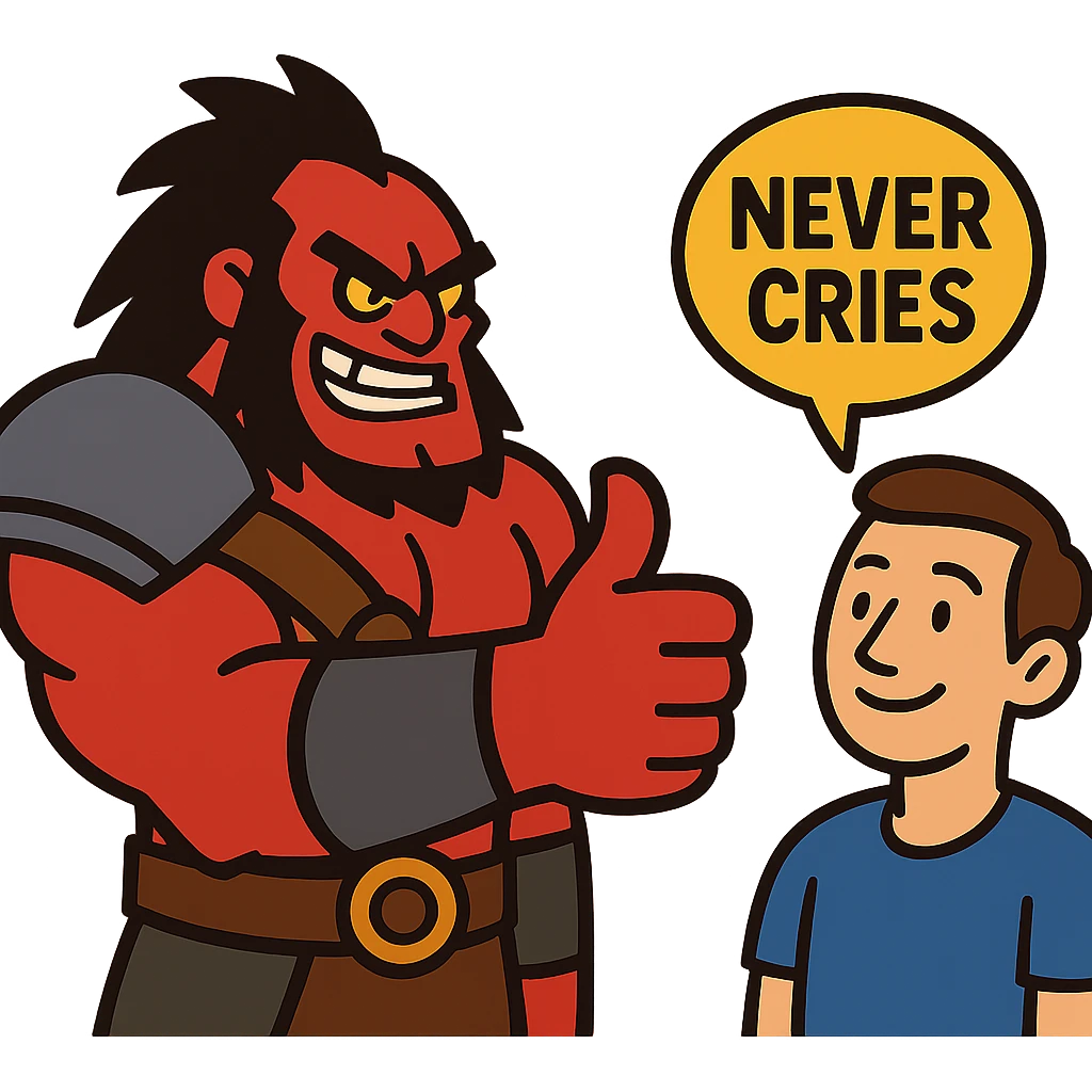 A cartoonish Dota 2 hero (like Axe) giving a thumbs-up to a player who never cries emoji