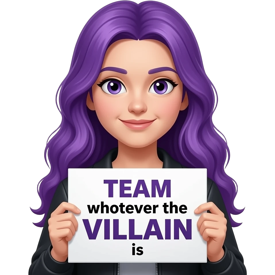 girl with long purple hair holding a TEAM whoever the VILLAIN is sign emoji