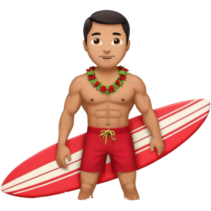 Dark-haired tan muscular 50 year old man with red shorts and shell lei surfing emoji