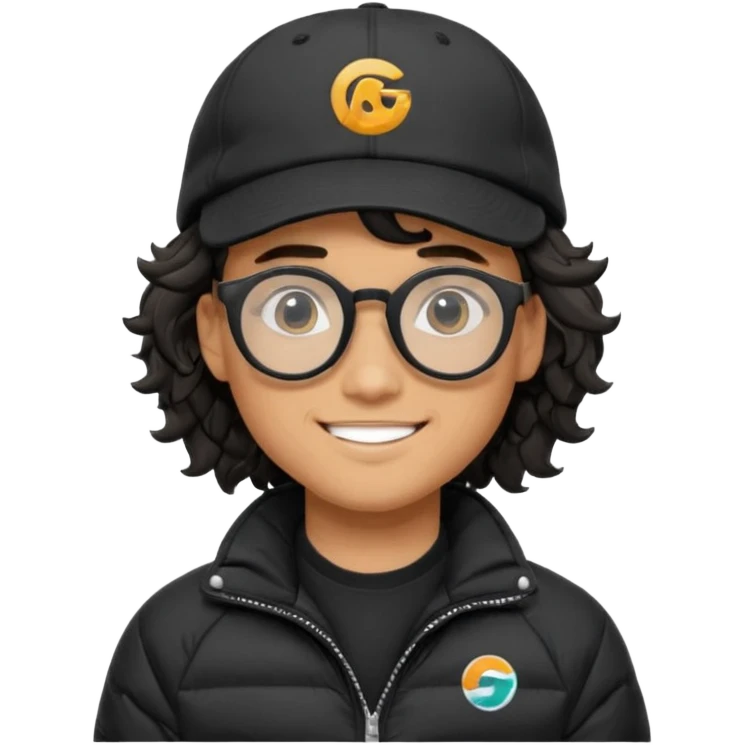 Young man wearing a black puffer jacket, black baseball cap with a small logo, round black glasses, wavy hair peeking out from under the cap, smiling. use dropcourse logo for cap and colouring for the puffer jacket emoji