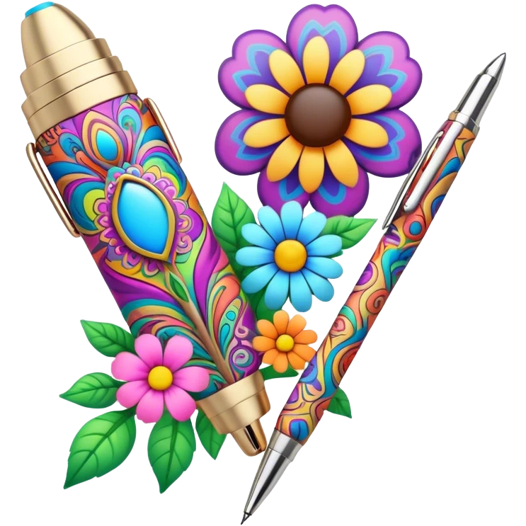 3D, psychedelic colored hippie style pen with flowers. Pen only  emoji