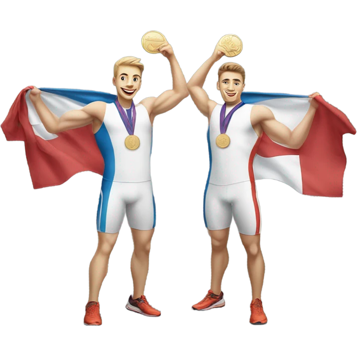 Two strong Caucasian high school white men running track and winning medals emoji
