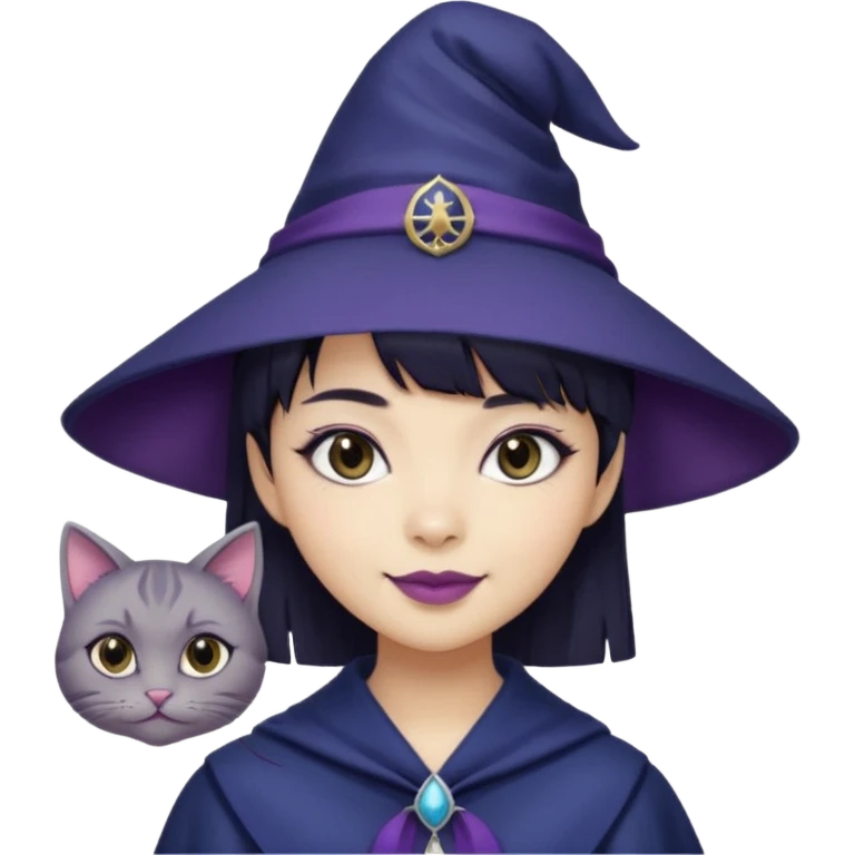 an asian short haired girl with short raven hair with bangs, with her silver left eye and dark brown right eye, with cat-eyed eyeliner, and grinning with her tiny fang of mauve toned lipstick, with dark navy wizard hat with an emblem on her hat. emoji