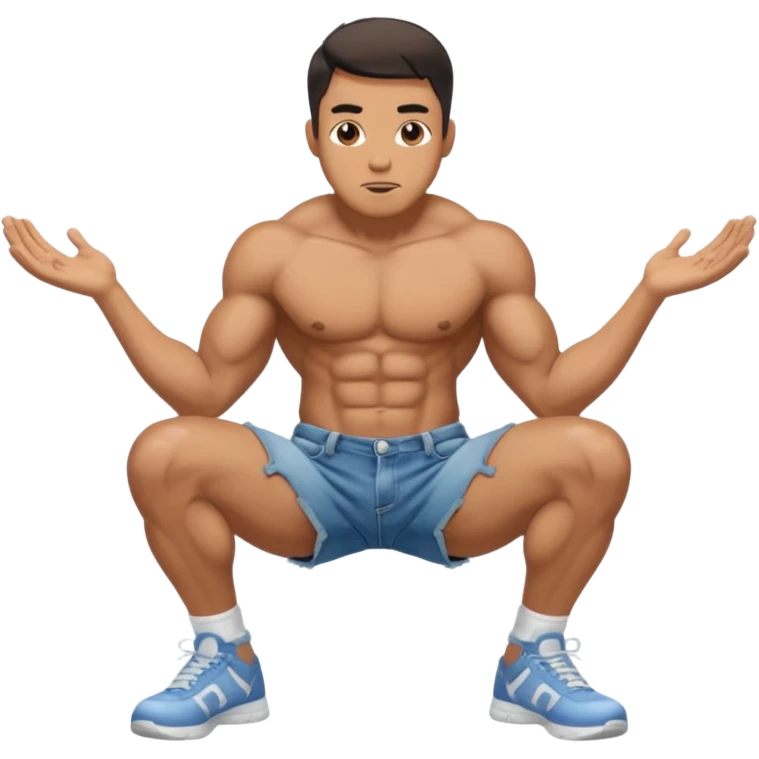 A squatting man legs spread apart, a penis going through his broken shorts emoji