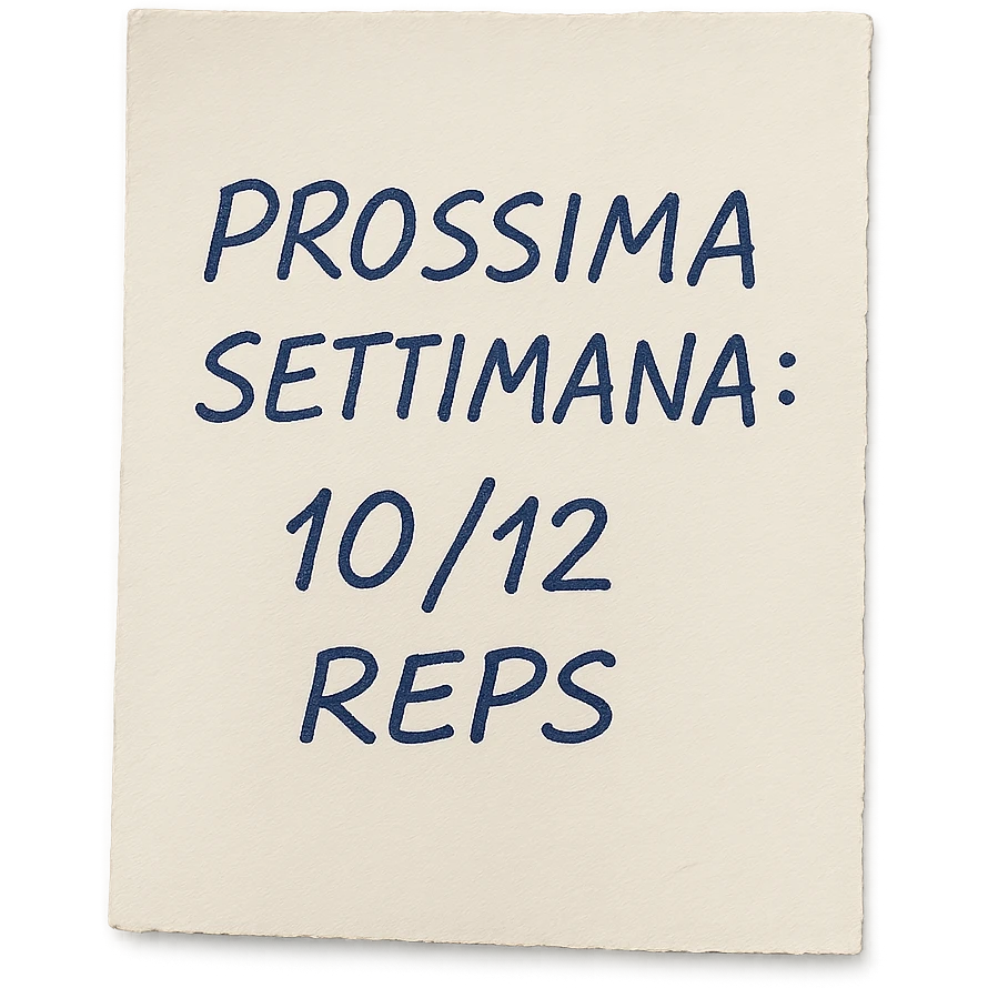 top view hyperrealistic 3D paper sheet with handwritten pen text 'PROSSIMA SETTIMANA: 10/12 REPS', no background, realistic handwriting effect emoji