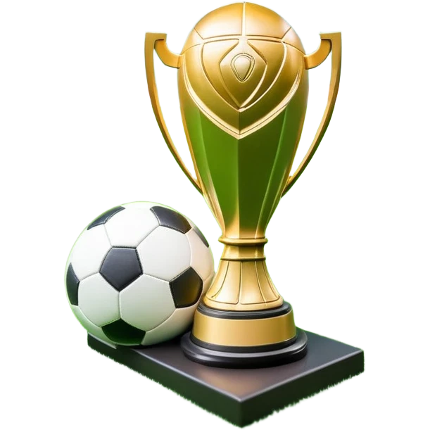 A football resting on the green grass of a soccer field, with goalposts and field markings in the background. In the foreground, the UEFA World Cup trophy gleams, symbolizing the pinnacle of football achievement, adding an element of prestige and competition to the scene. emoji