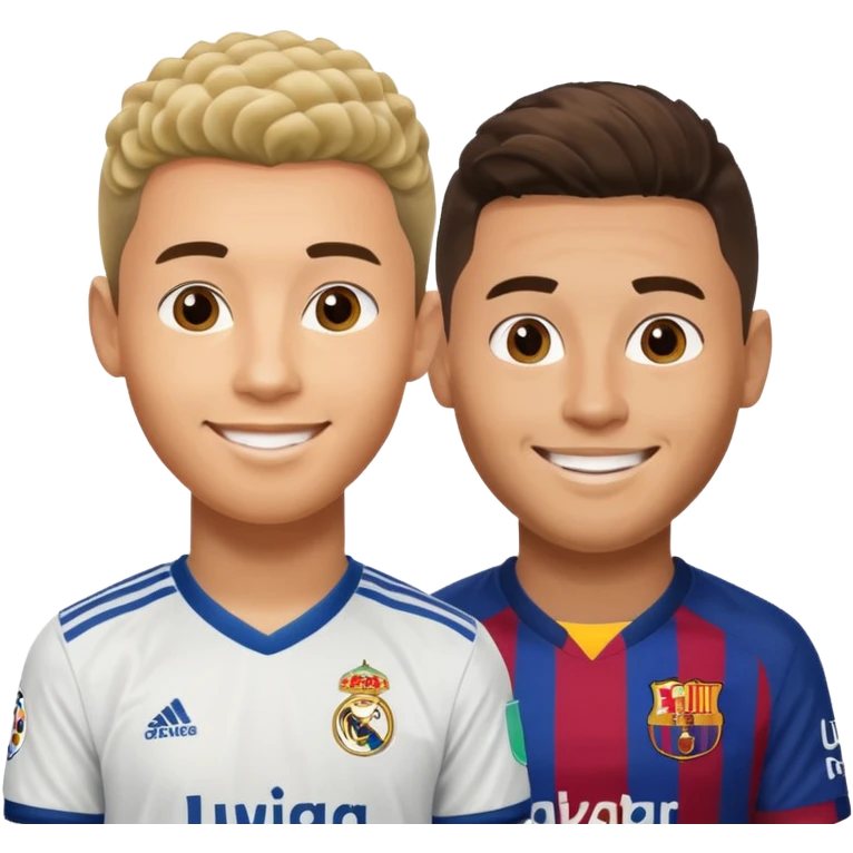 Prime noodle hair ronaldo and prime 2012 messi Smiling in one Photo and make it realistic Ronaldo wearing Number 7 With Madrid and Messi wearing number 10 with barca  emoji