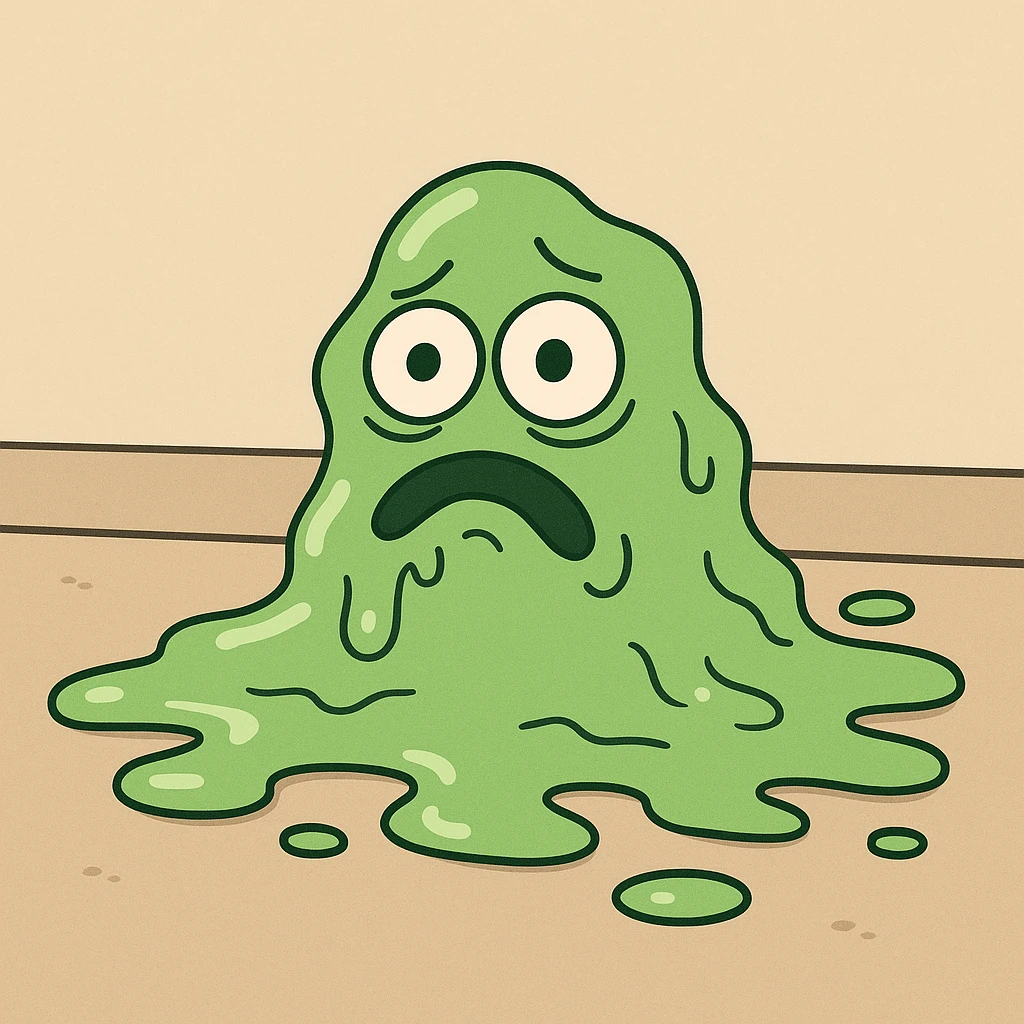green slime with googly eyes melted on the floor, cartoon style emoji