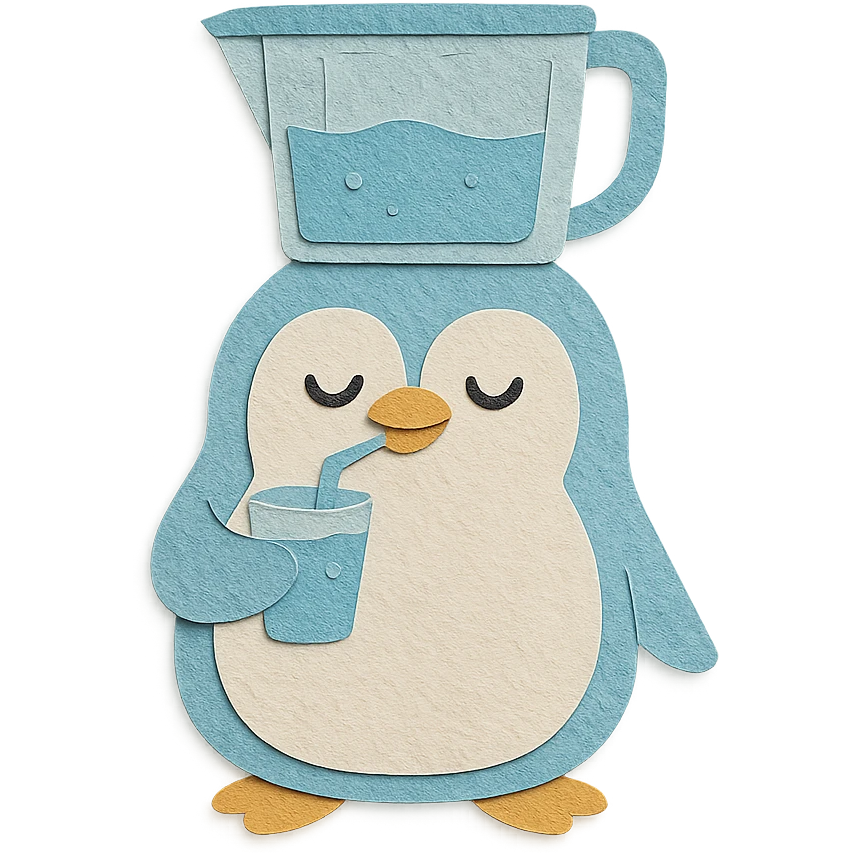 pastel blue water purifier penguin, sipping water, content face, full-body emoji