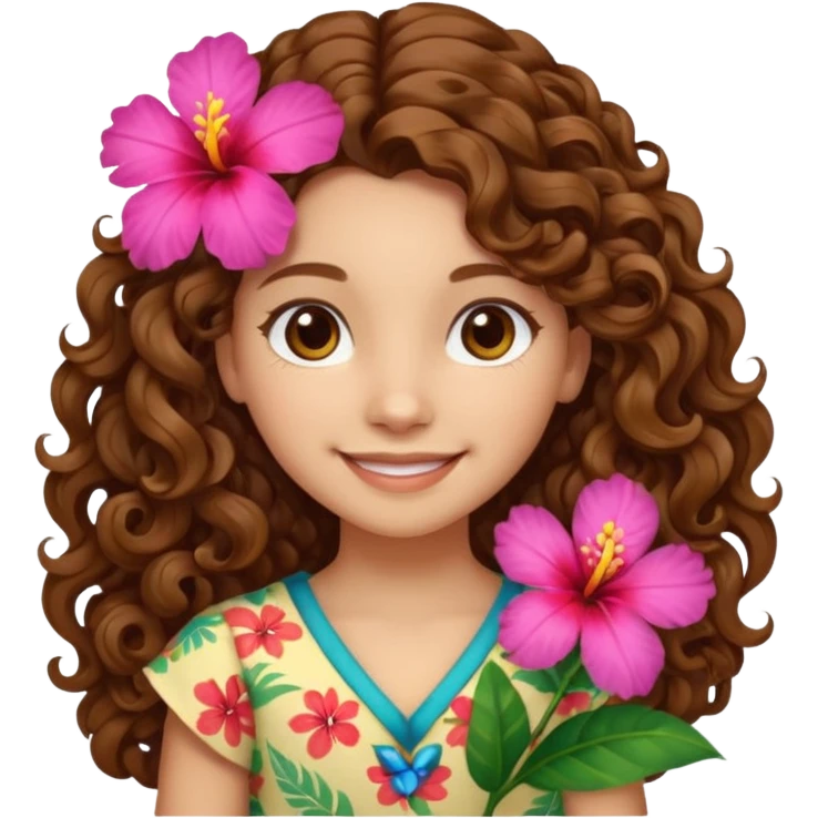 Chica morena clara de ojos marrones cabello rizado largo de lado y una flor hawaiana en el cabello  emoji