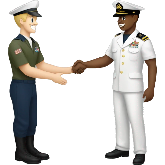 Army man and navy sailor shaking hands. They do not have shoes on. emoji