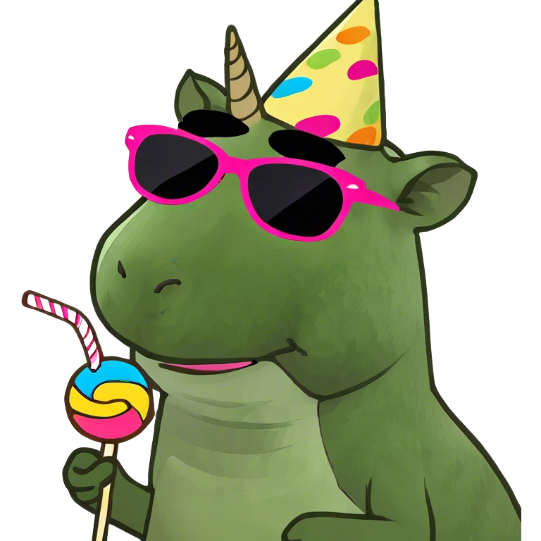 capibara riding a unicorn and wearing sunglasses holding a lollipop emoji