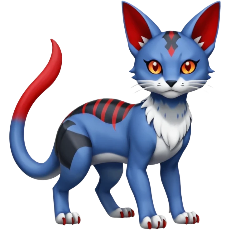 Dark-greyish-blue-grey-black, with red markings, white belly, scaley Bastet-Noibat-Gatomon-Digimon-Fakémon-Pokémon-creature (full body) emoji