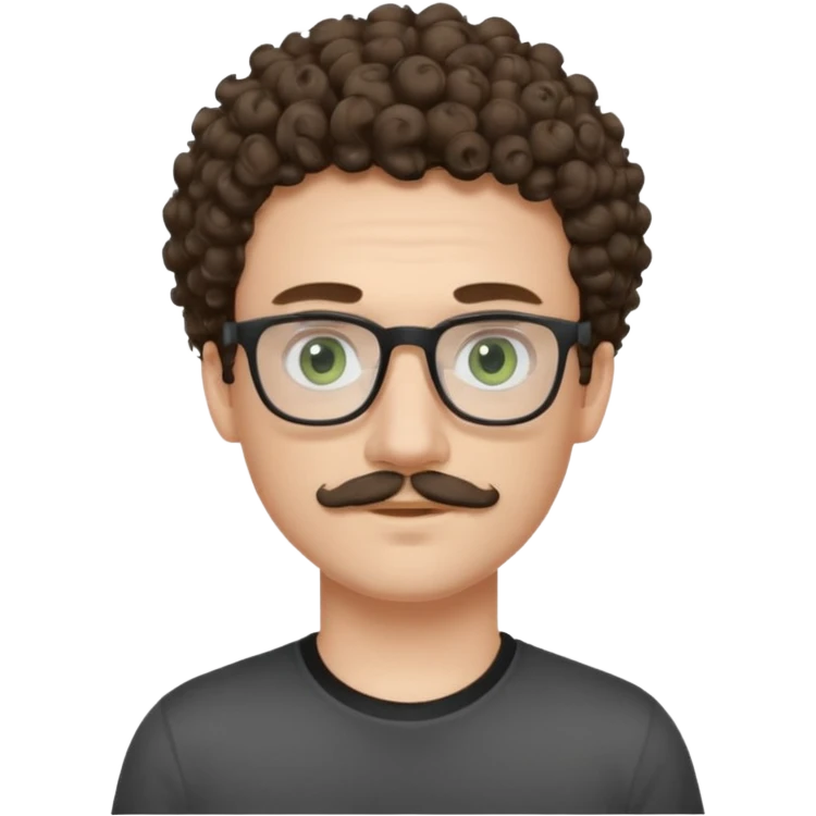 Light brunette curly haired young man with pale skin and glasses. Eyes are greenish grey and he has a moustache. Black t-shirt. emoji