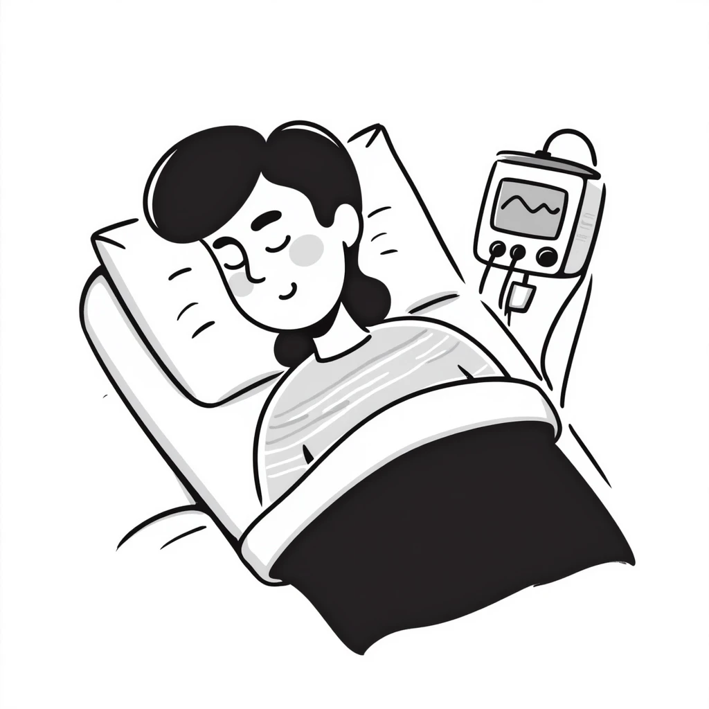 patient sleeping in bed with EEG electrodes, pulse oximeter, and other sensors for polysomnography sleep study emoji