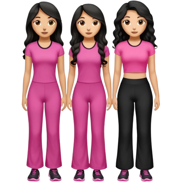 3 olive skin tone best friends. First one wearing pink gym attire modest with long black hair wavy. Second one wearing a pink fitted long maxi dress with curves long black hair and the last one wearing pink casual clothes with brown mid length hair emoji