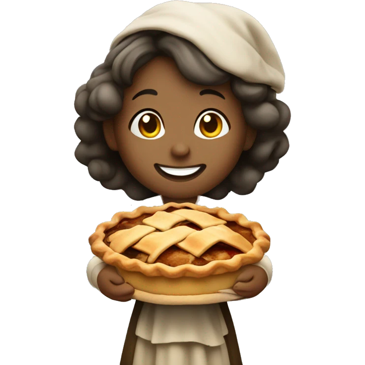 A cute pilgrim girl holding a steaming apple pie with a proud smile. emoji